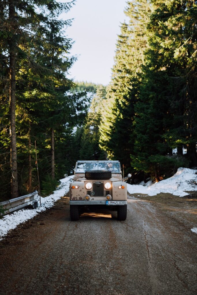 A vintage vehicle drives on a forest road.