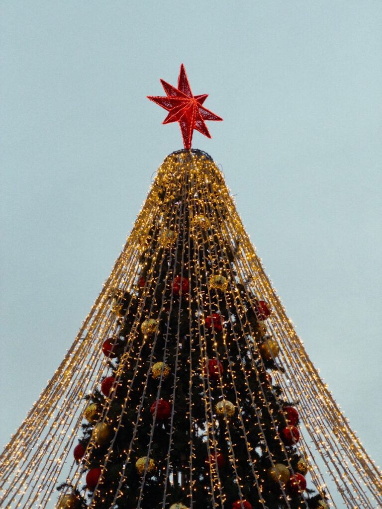 A decorated christmas tree with a red star.